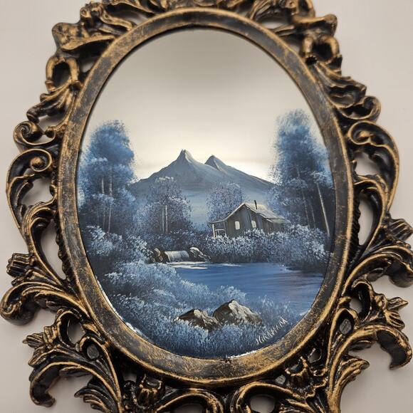 Vintage Hand Painted Mirror Mountain Cabin Creek Scene Signed J Graham - Picture 2 of 8